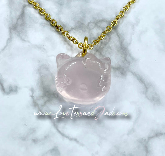 Kitty Head | Crystal |  Natural | Healing Crystal | Hand-Craved | Gemstone | Rose Quartz | Pendant | Necklace | 925 Plated Chain