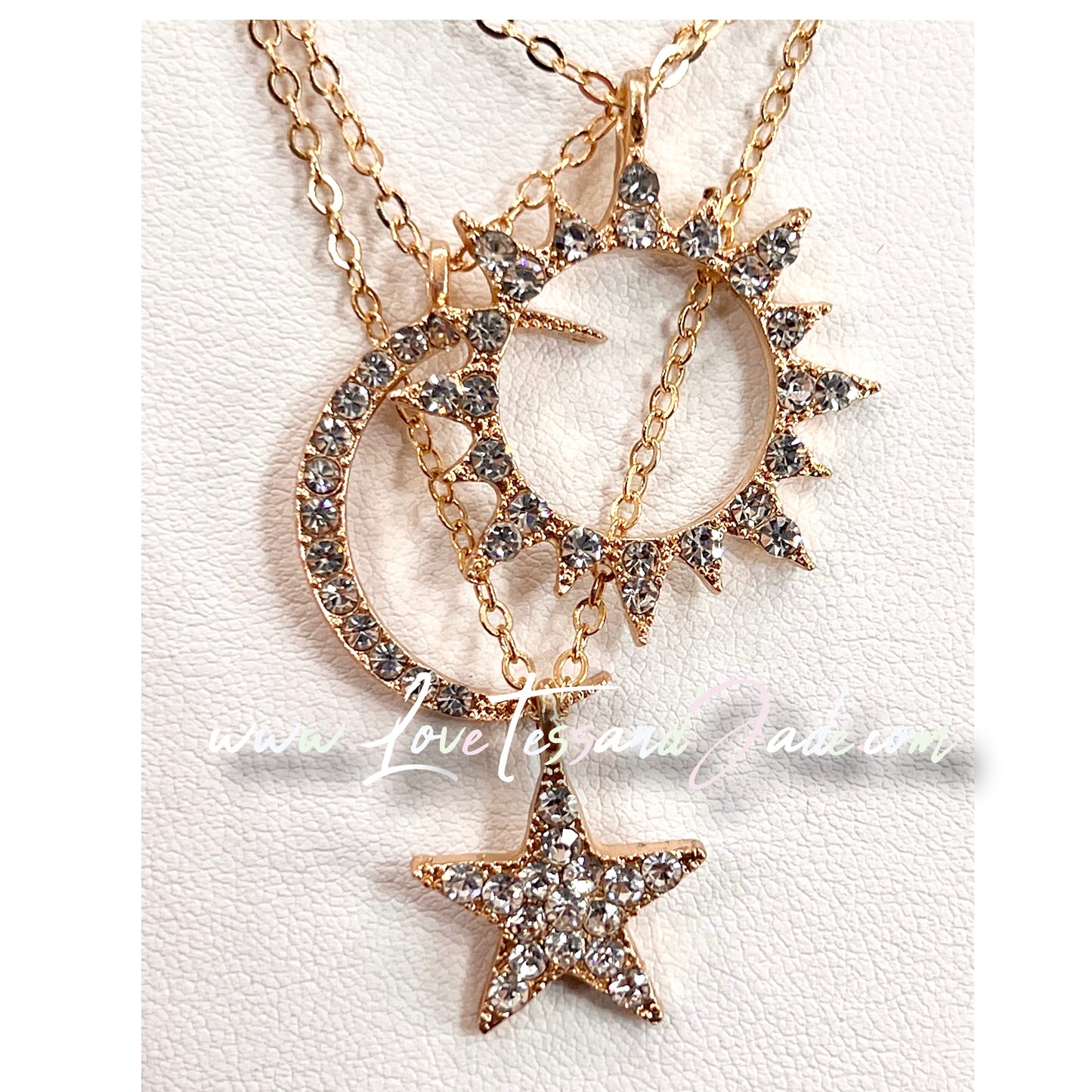 Dainty | Bohemian | Sun | Moon | Star | Crystal | Gold Plated | Necklace | 3 pcs set