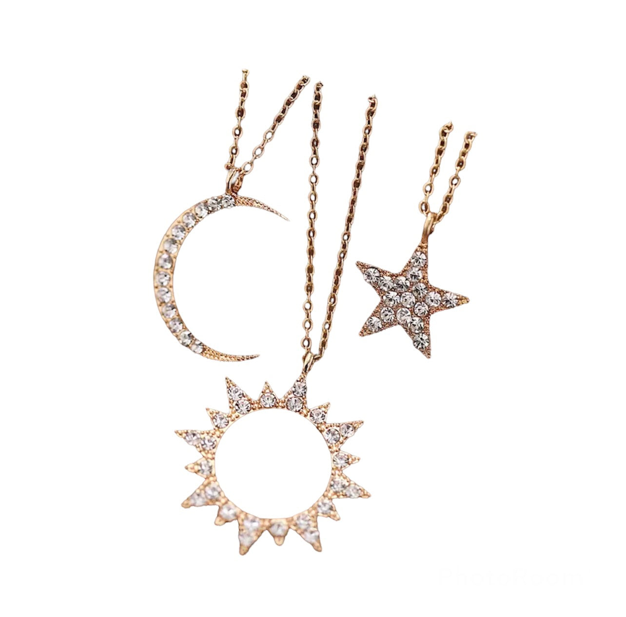 Dainty | Bohemian | Sun | Moon | Star | Crystal | Gold Plated | Necklace | 3 pcs set