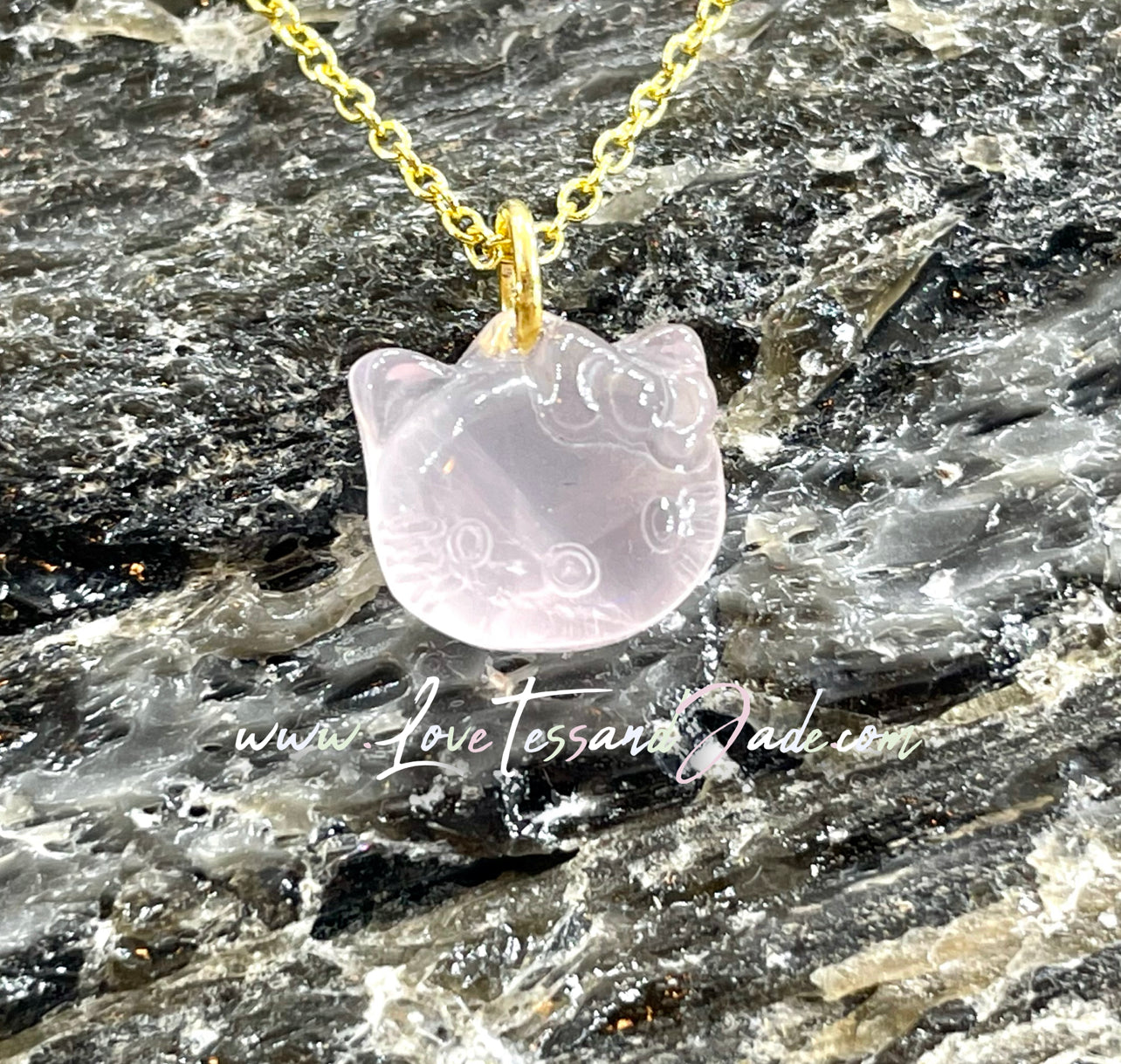 Kitty Head | Crystal |  Natural | Healing Crystal | Hand-Craved | Gemstone | Rose Quartz | Pendant | Necklace | 925 Plated Chain